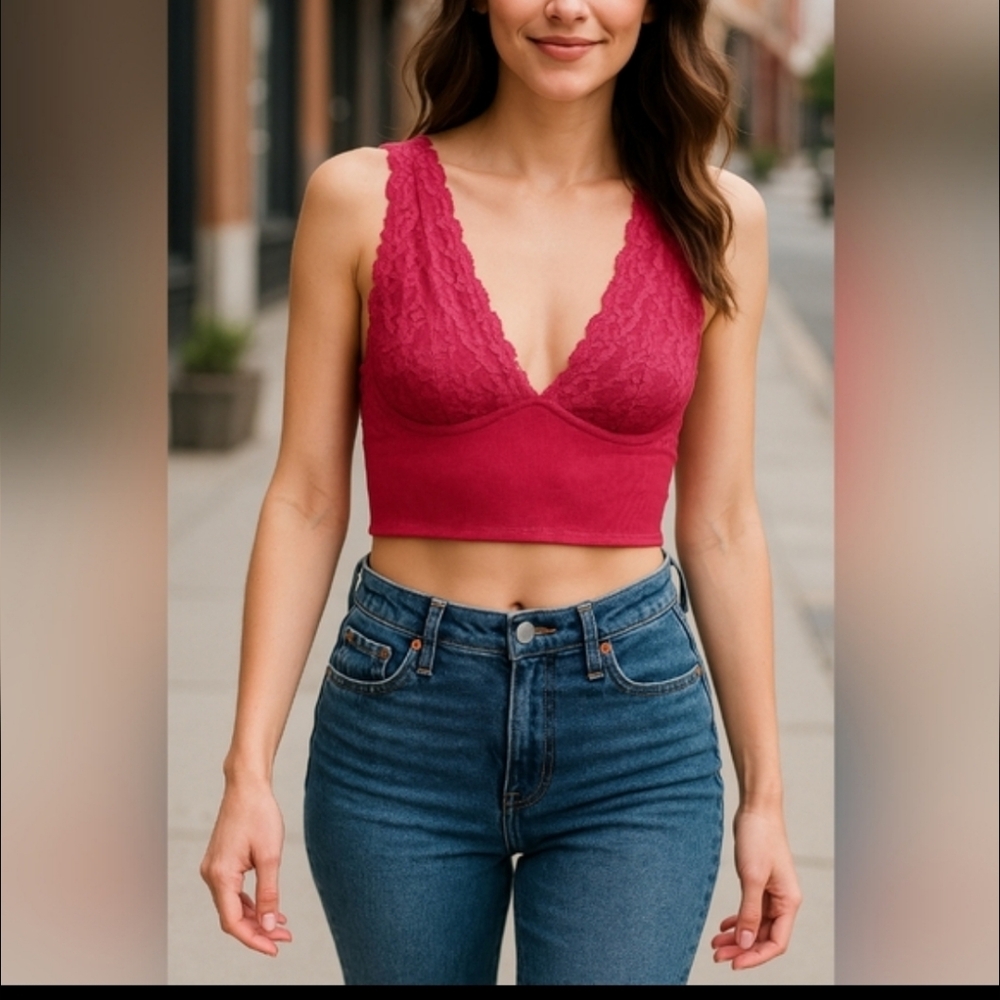 Magenta Lace V-Neck Crop Top Whimsygoth Streetwear Layering New Medium - Picture 5 of 7